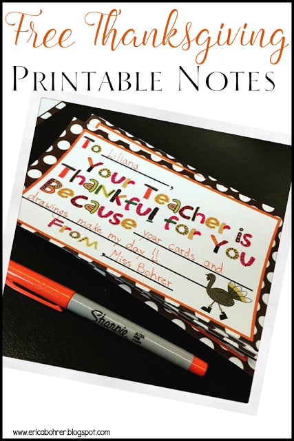 Free Thanksgiving Printable Notes from the Teacher.  Your Teacher is thankful for you because...