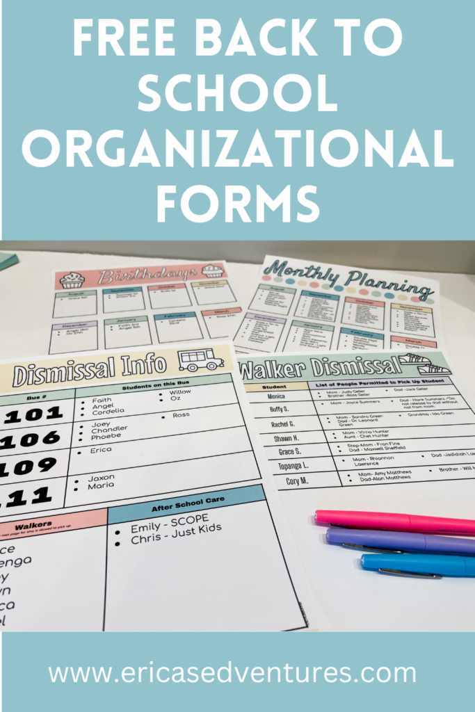 Free Back to School Organizational Forms